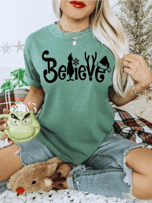 BELIEVE Christmas green man reindeer santa hat SINGLE COLOR BLACK size ADULT DTF TRANSFERPRINT TO ORDER - Do it yourself Transfers