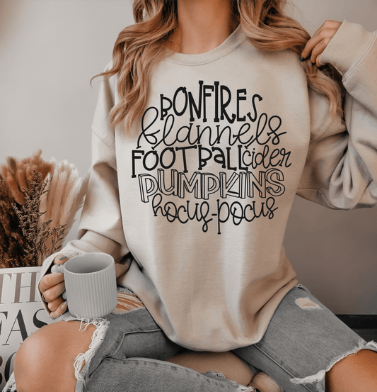 Bonfires flannels football cider pumpkins hocus pocus SINGLE COLOR BLACK size ADULT DTF TRANSFERPRINT TO ORDER - Do it yourself Transfers