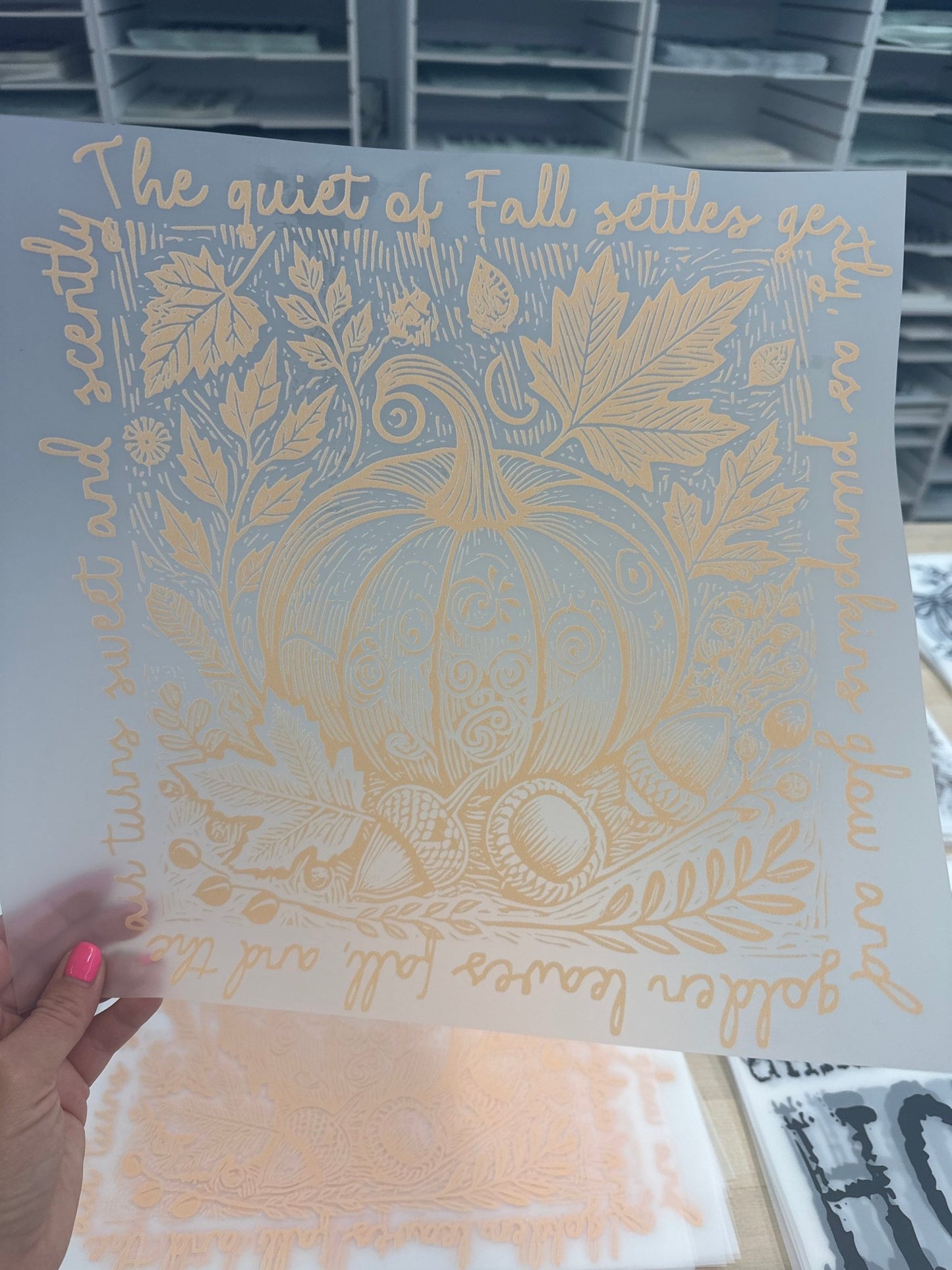 RTS THE QUIET OF FALL SETTLES PUMPKIN LEAVES SINGLE COLOR CREAM DTF DIRECT TO FILM transfers ADULT 10X12 - Do it yourself Transfers