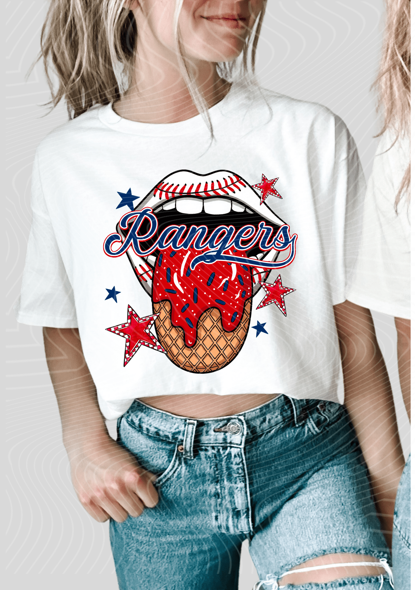 TRANSFER TUESDAY JUNE 17TH RANGERS TONGUE SPRINKLES RED BLUE DTF DIRECT TO FILM transfers ADULT 9X12 - Do it yourself Transfers