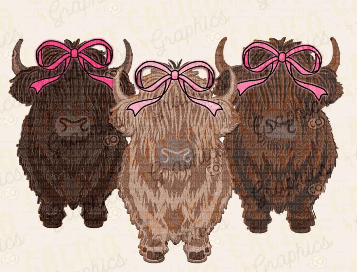 TRANSFER TUESDAY SHIPS FEB 25th Highland brown cows' pink bows DTF DIRECT TO FILM transfers size ADULT 10x12 - Do it yourself Transfers