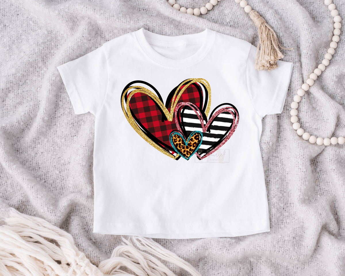 3 Hearts buffalo plaid black white stripe leopard Valentine's day size KIDS 5.5x7.5 DTF TRANSFERPRINT TO ORDER - Do it yourself Transfers