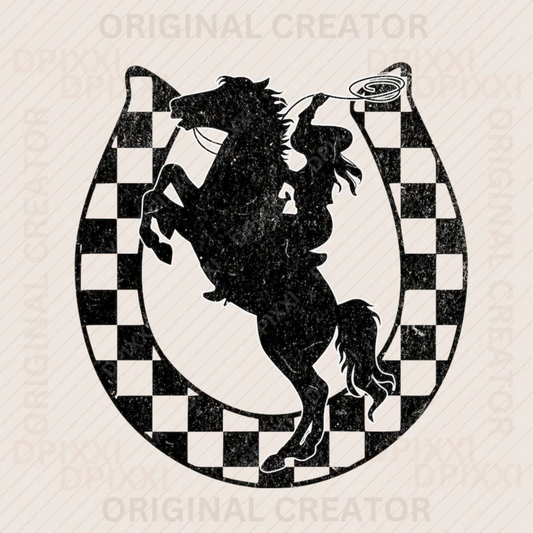 RTS HORSE CHECKER HORSESHOE COWGIRL SINGLE COLOR BLACK DTF DIRECT TO FILM transfers ADULT 9X12 2-I
