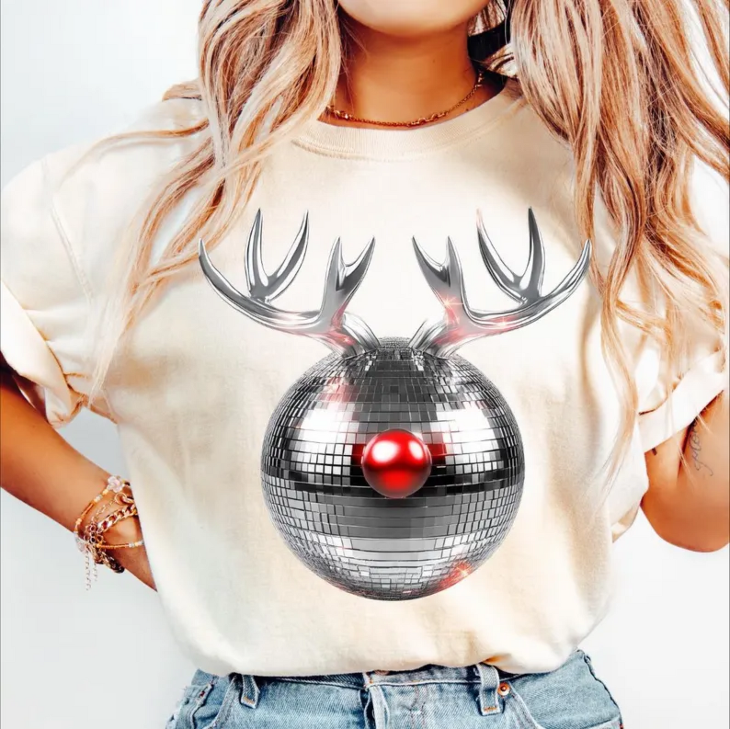 Reindeer Disco Watercolor Christmas Mirror Ball DTF TRANSFER PRINT TO ORDER 634