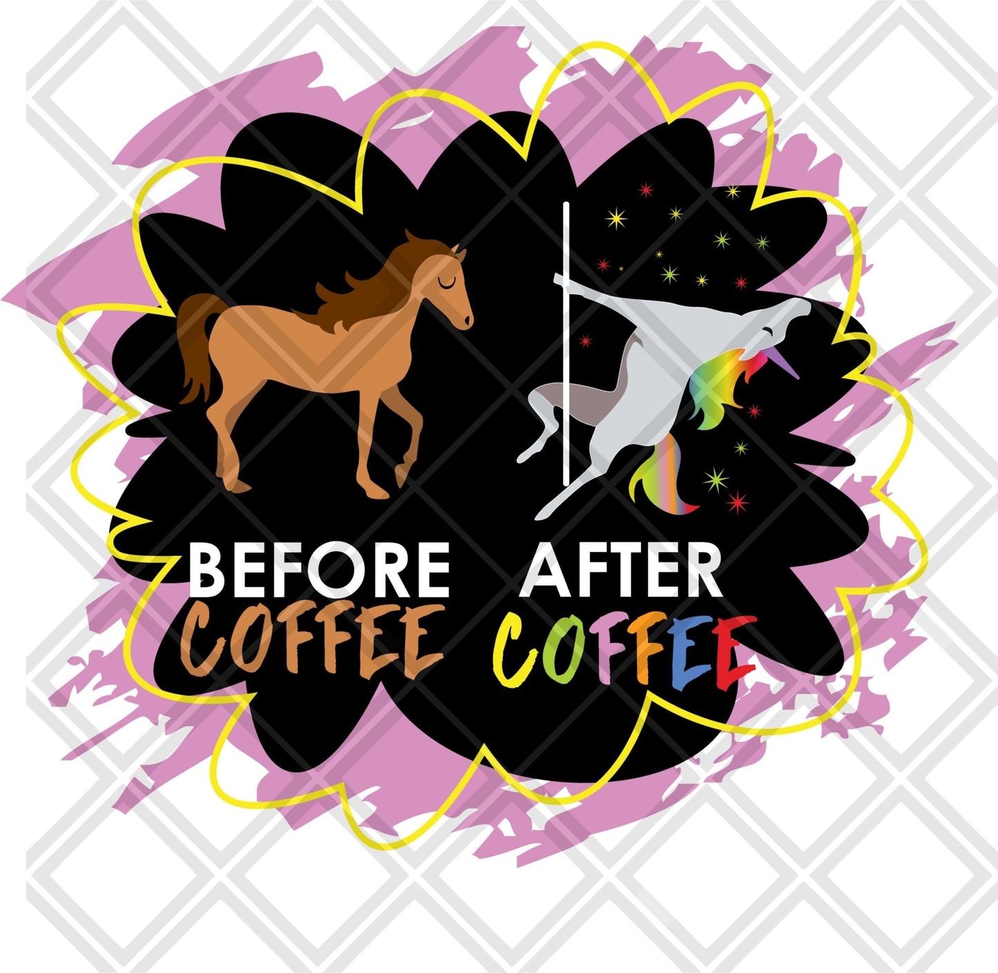 before coffee after coffee unicorn DTF TRANSFERPRINT TO ORDER - Do it yourself Transfers