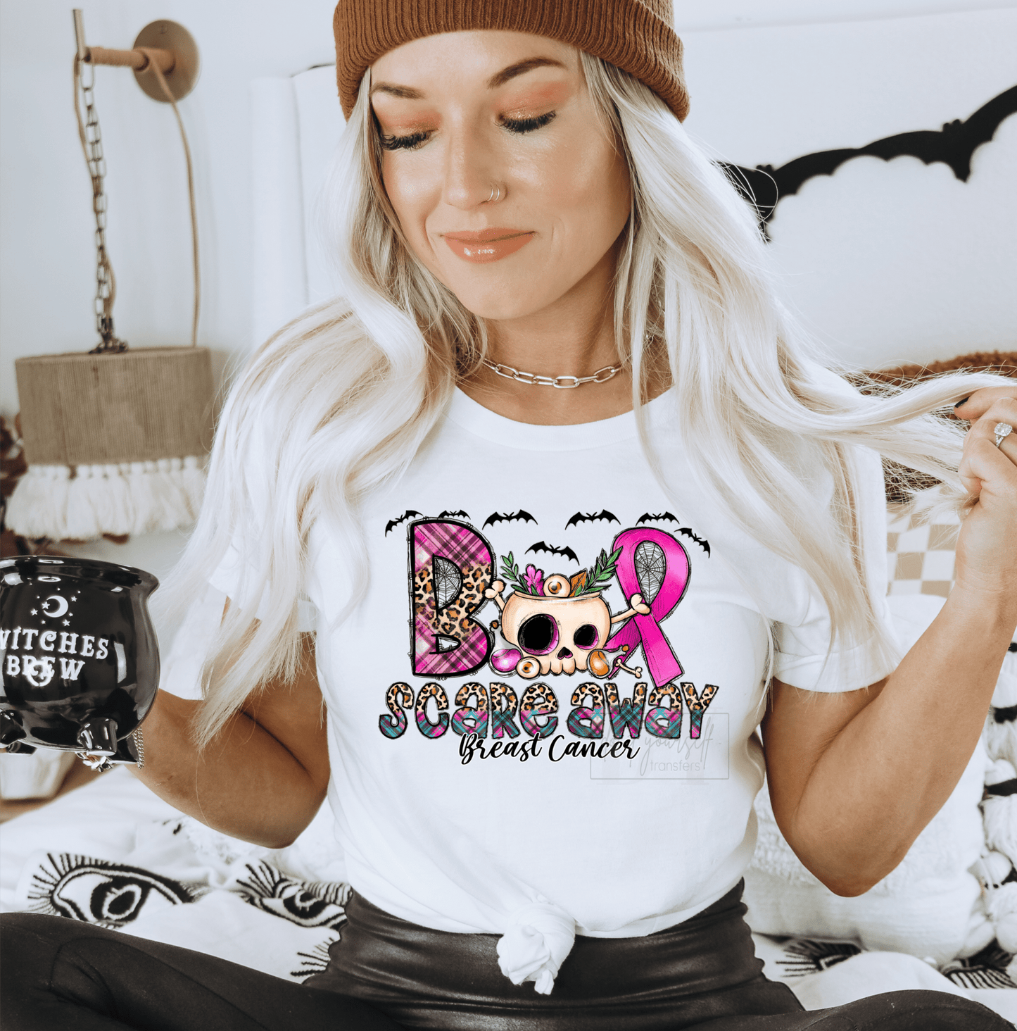 Boo Scare away Beast Cancer ribbon pink October skull Halloween ADULT DTF TRANSFERPRINT TO ORDER - Do it yourself Transfers