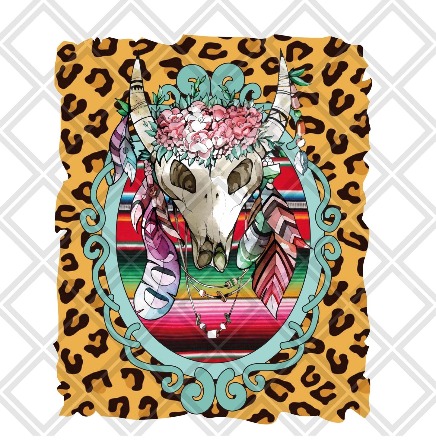 Bull skull Leopard frame feathers DTF TRANSFERPRINT TO ORDER - Do it yourself Transfers