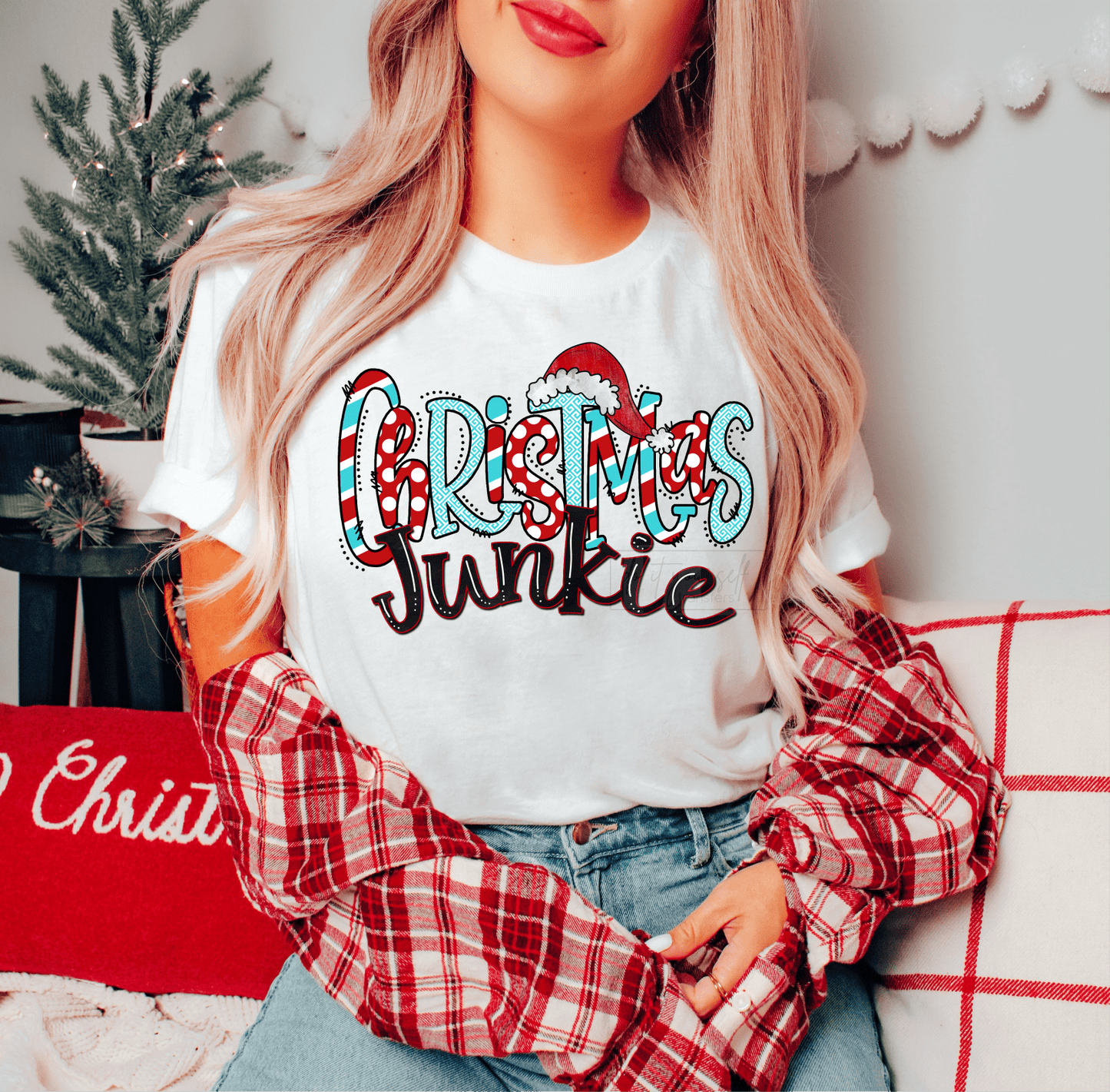 Christmas Junkie Santa Hat baby blue red ADULT DTF TRANSFERPRINT TO ORDER - Do it yourself Transfers