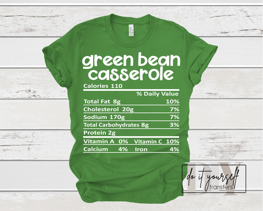 GREEN BEAN CASSEROLE Thanksgiving label SINGLE COLOR WHITE size ADULT DTF TRANSFERPRINT TO ORDER - Do it yourself Transfers