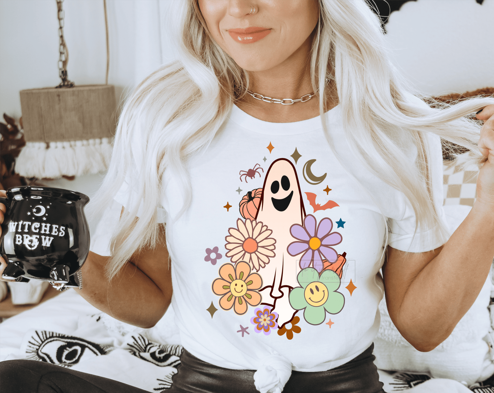 Halloween ghost Vintage pumpkins flowers smiley face size ADULT DTF TRANSFERPRINT TO ORDER - Do it yourself Transfers