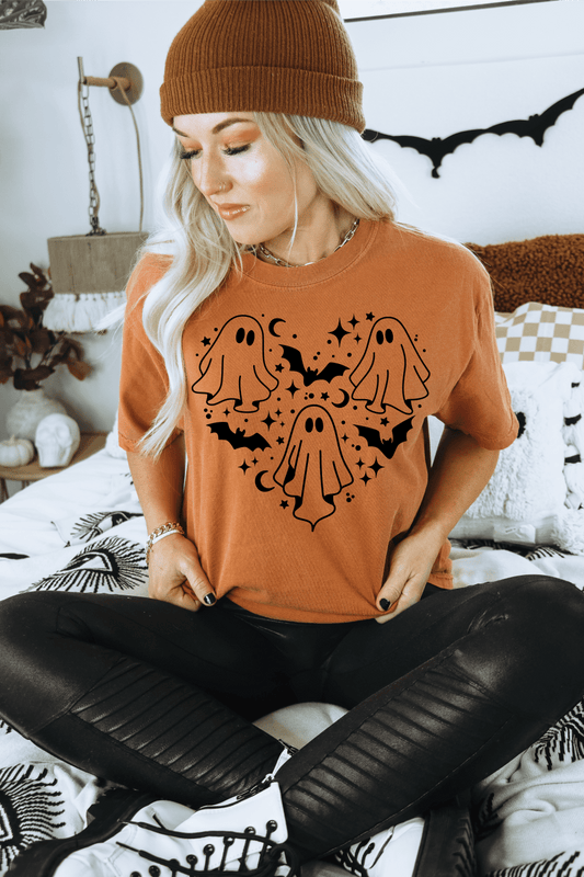 HALLOWEEN HEART ghost bats SINGLE COLOR BLACK size ADULT DTF TRANSFERPRINT TO ORDER - Do it yourself Transfers