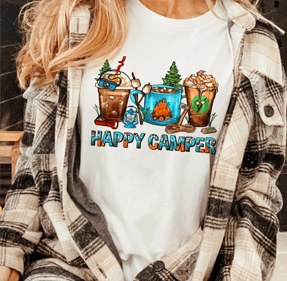 Happy Camper Fire Latte Coffee size ADULT 8. DTF TRANSFERPRINT TO ORDER - Do it yourself Transfers
