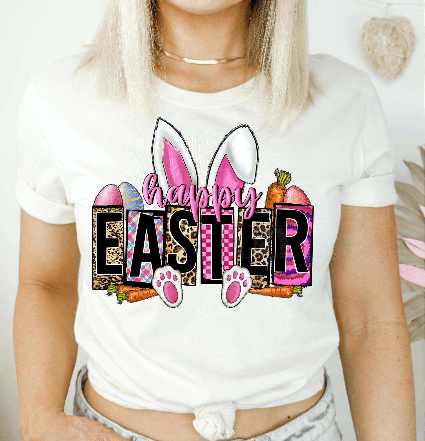 Happy Easter Ears Feet eggs carrots leopard pink ADULT DTF TRANSFERPRINT TO ORDER - Do it yourself Transfers