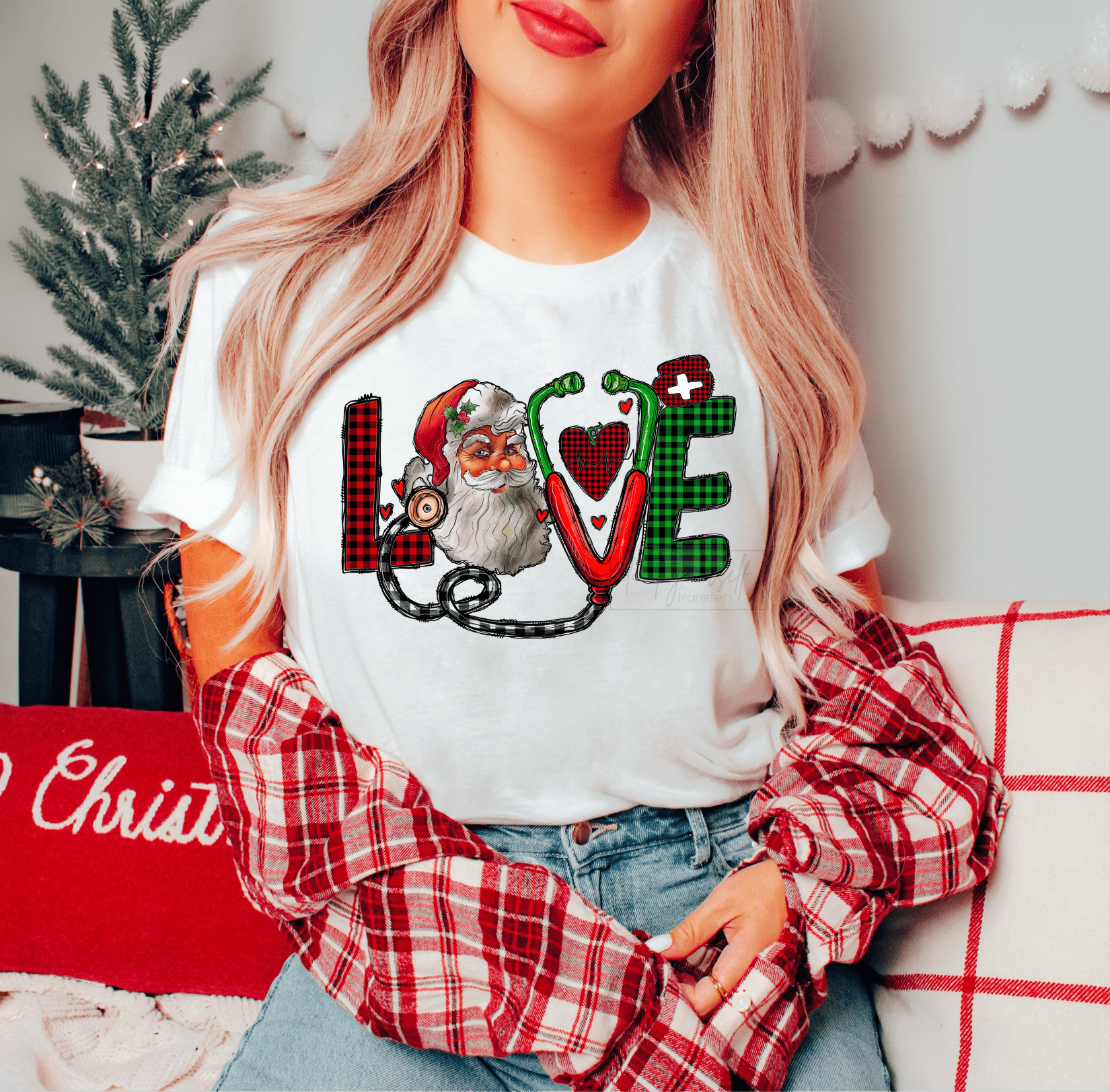 Love Santa Nurse Plaid Hearts size ADULT DTF TRANSFERPRINT TO ORDER - Do it yourself Transfers