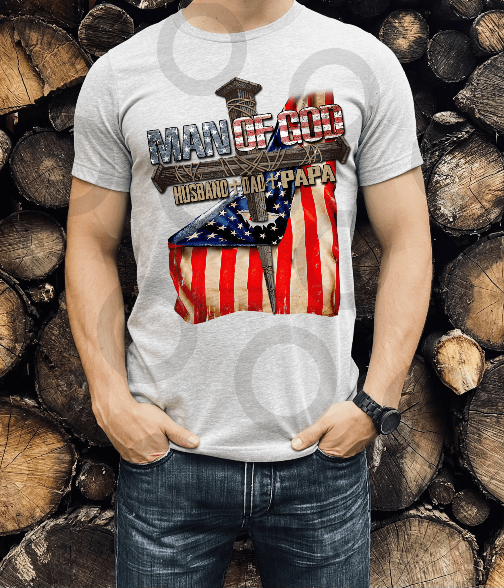 Man of GOD Husband Dad Papa Cross American Flag size ADULT 11x13 DTF TRANSFERPRINT TO ORDER - Do it yourself Transfers