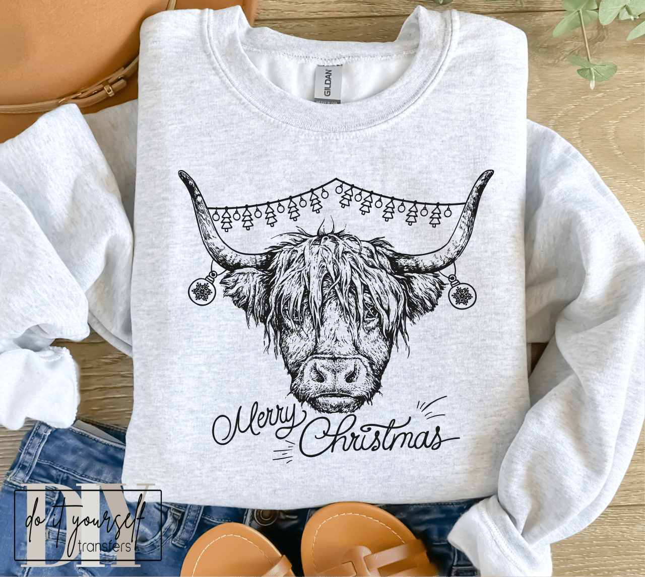 Merry Christmas cow SINGLE COLOR BLACK size ADULT DTF TRANSFERPRINT TO ORDER - Do it yourself Transfers