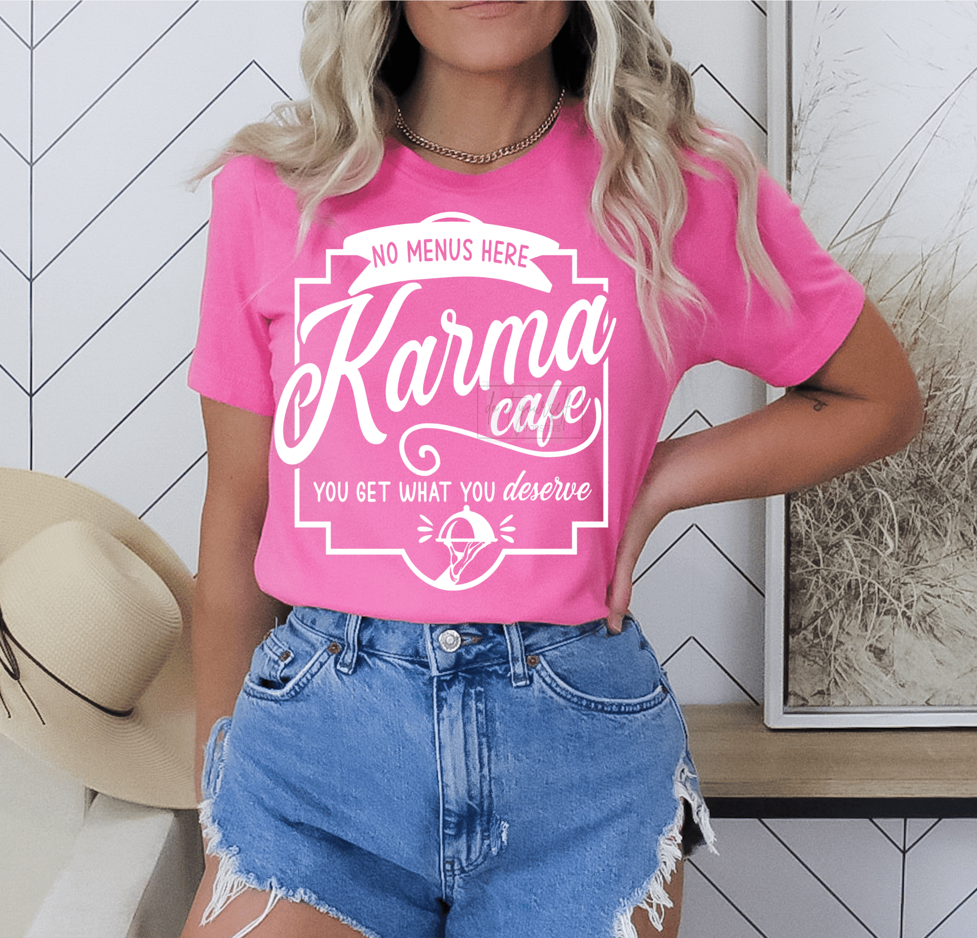 No menus here KARMA cafe you get what you deserve SINGLE COLOR WHITE size ADULT 10.5X12 DTF TRANSFERPRINT TO ORDER - Do it yourself Transfers