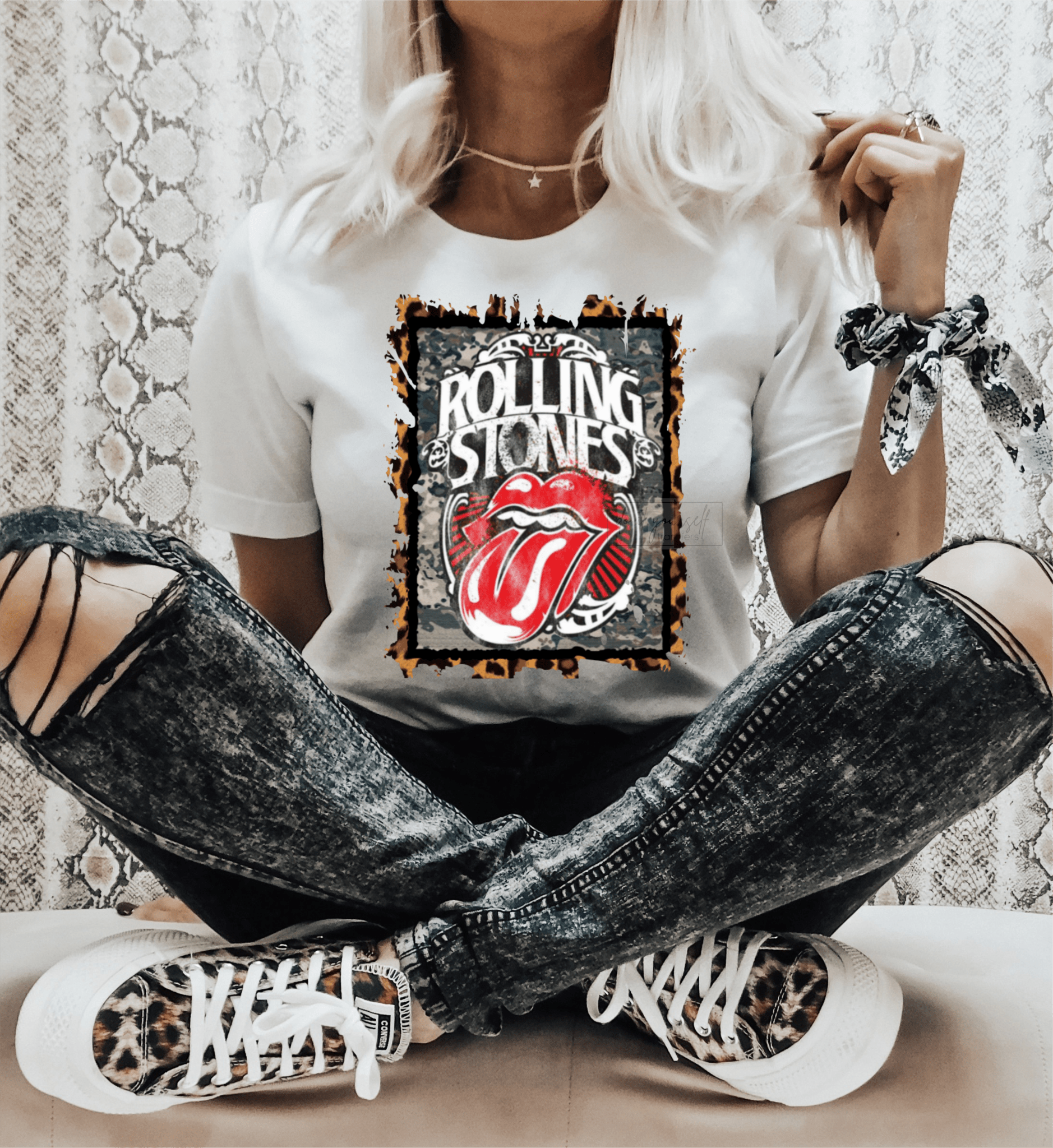 Rolling Stones Tongue leopard frame size ADULT DTF TRANSFERPRINT TO ORDER - Do it yourself Transfers
