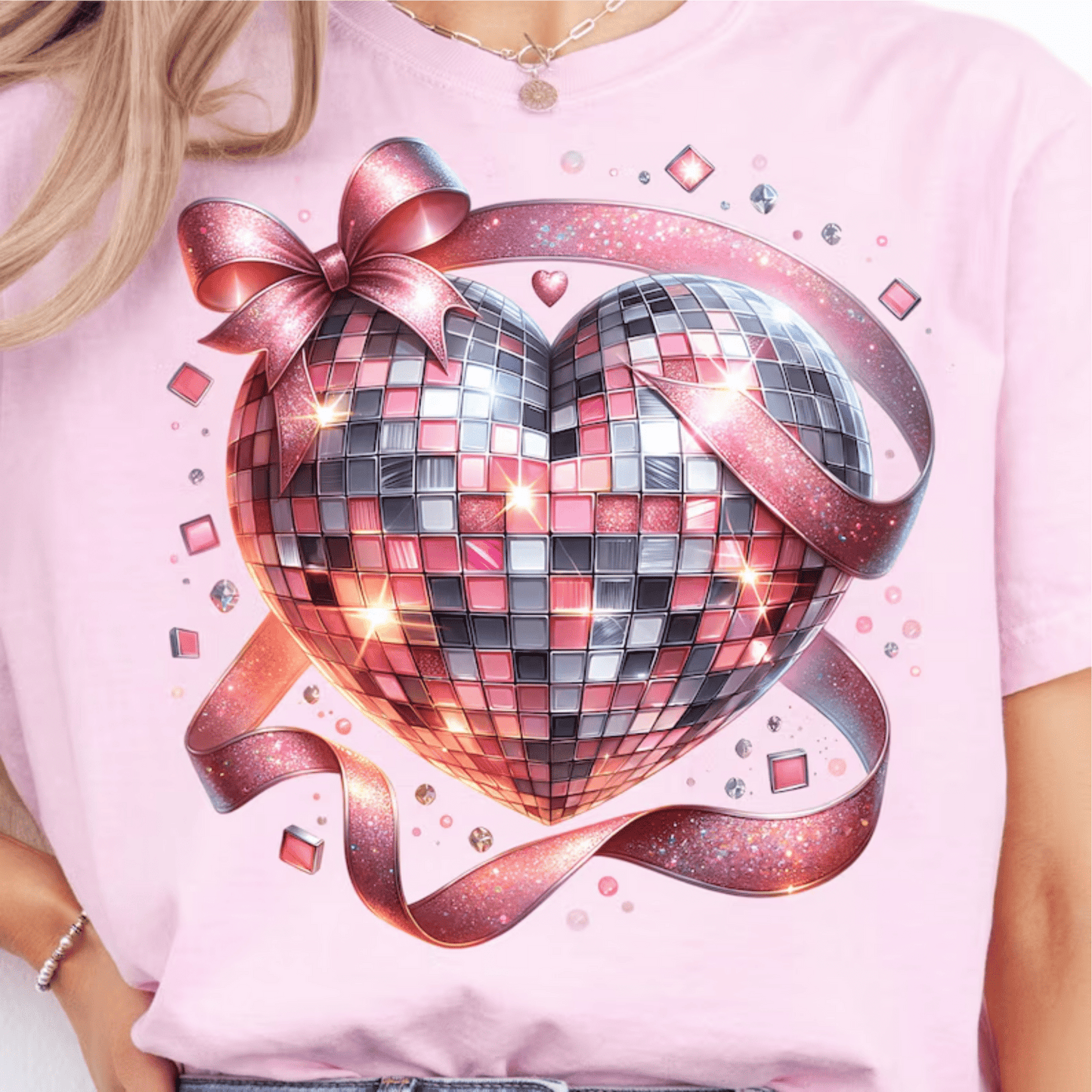 RTS HEART DISCO bow Valentine DTF DIRECT TO FILM transfers size ADULT 10x12 - Do it yourself Transfers