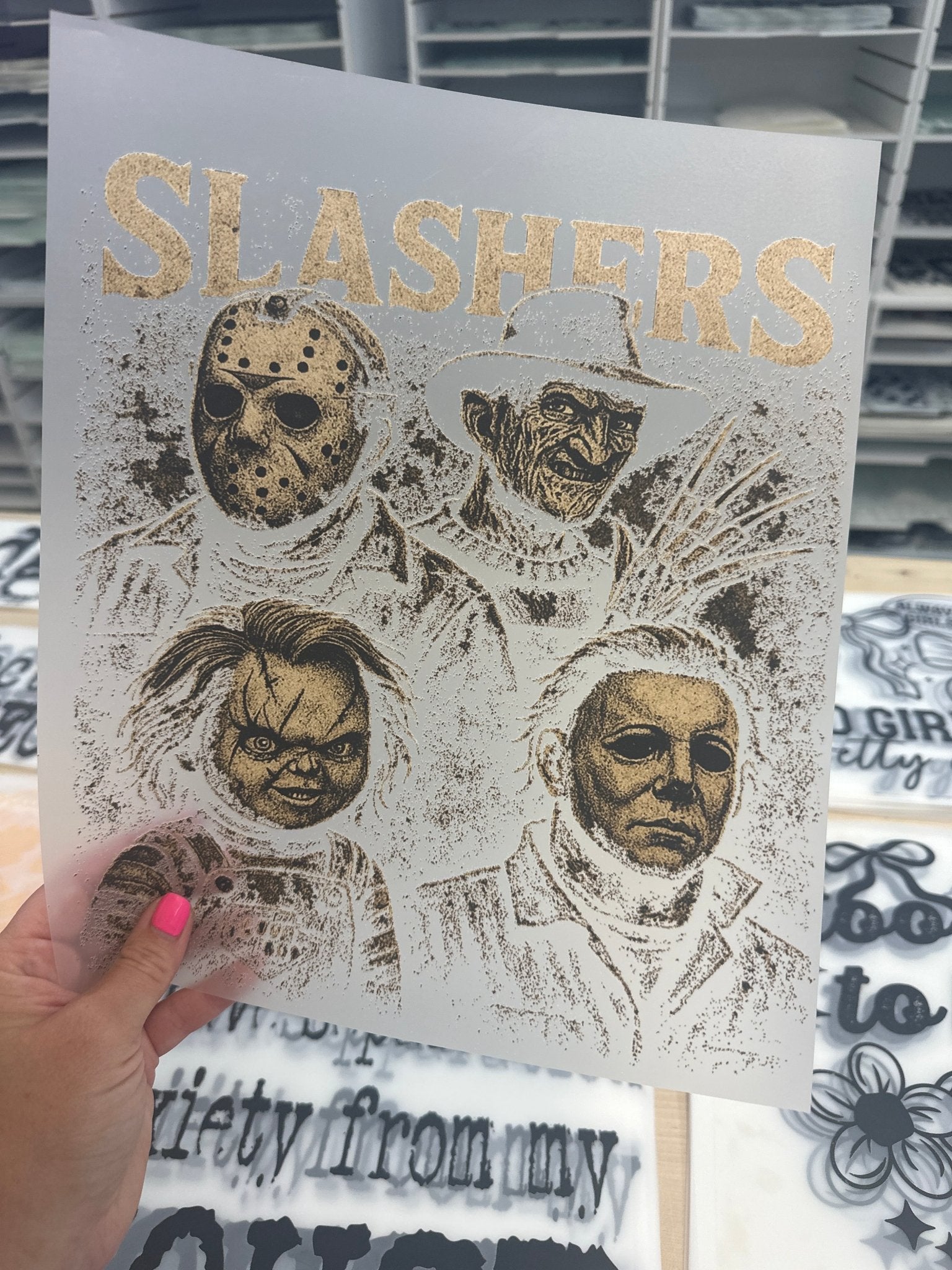 RTS SLASHER HALLOWEEN GANG BOYS SINGLE COLOR CREAM DTF DIRECT TO FILM transfers ADULT 10X12 - Do it yourself Transfers