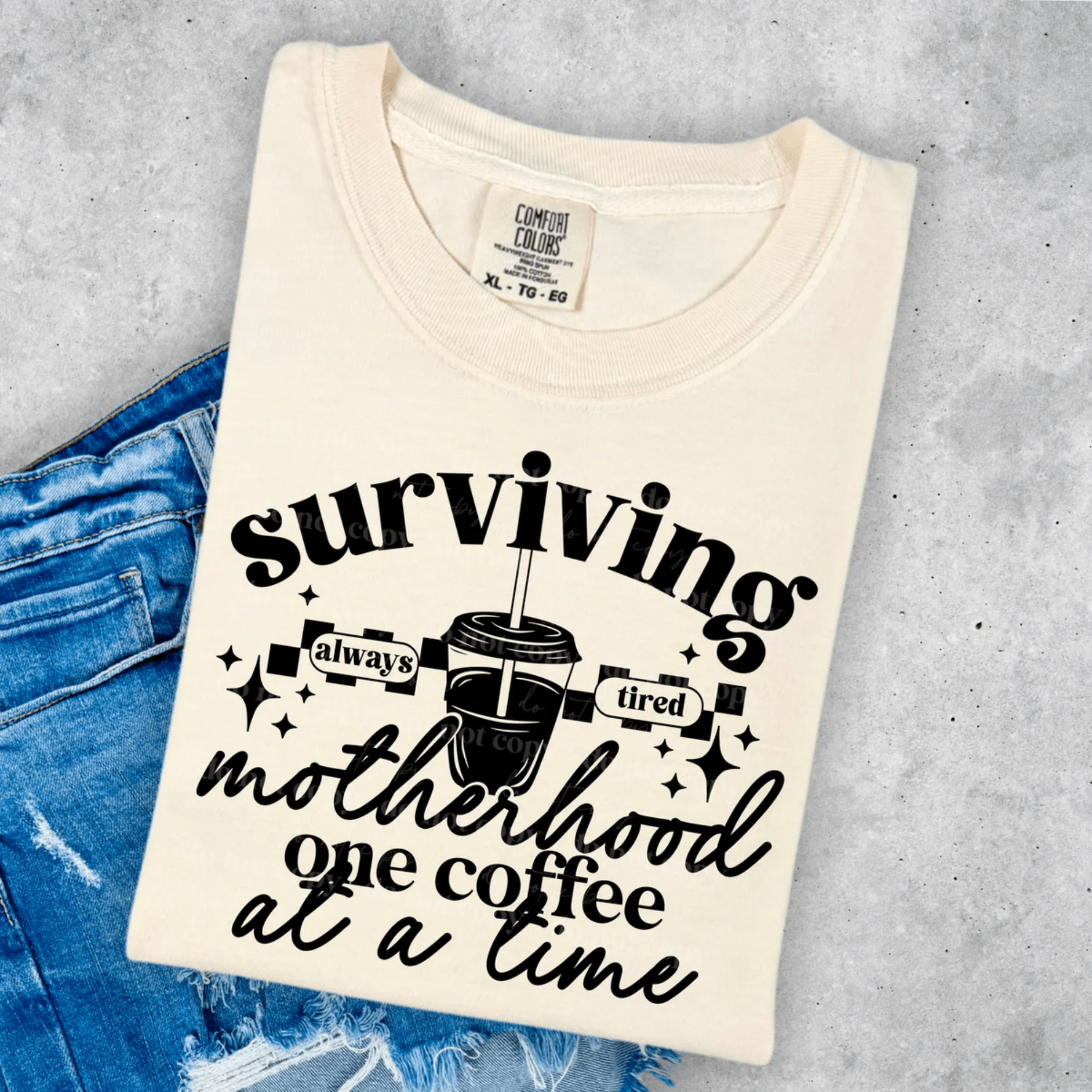 RTS Surviving motherhood ON COFFEE at a time SINGLE COLOR BLACK Screen Print transfers size ADULT 11X12 10 - M - Do it yourself Transfers