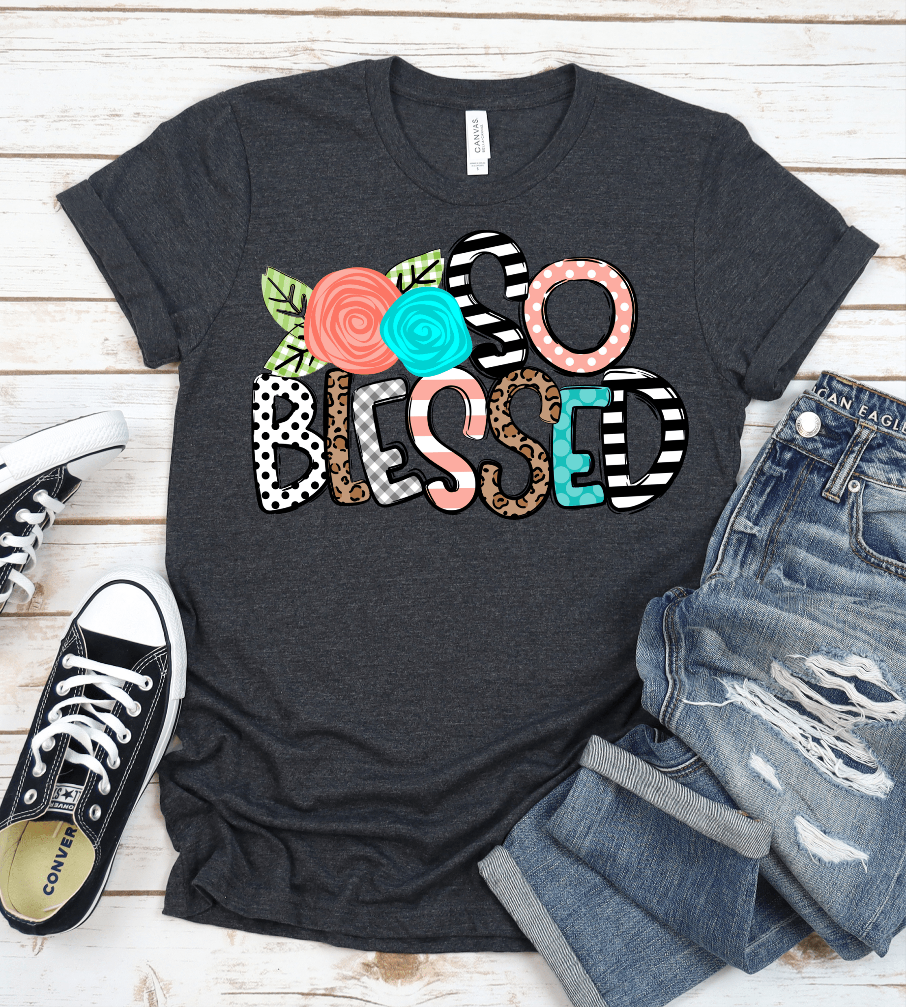 So blessed flowers Leopard polka dot turquoise coral DTF TRANSFERSPRINT TO ORDER - Do it yourself Transfers