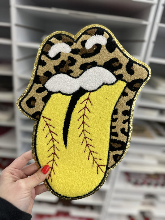 SOFTBALL TONGUE LEOPARD GOLD Chenille patch 12 inches in size - Do it yourself Transfers