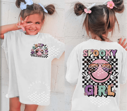 SPOOKY GIRL Smiley Face Halloween GIRL KIDS FRONT BACK DTF TRANSFERPRINT TO ORDER - Do it yourself Transfers