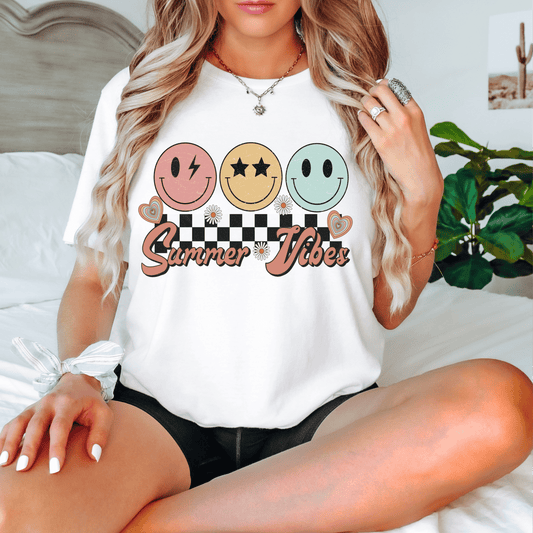 Summer VIBES smiley face flowers checkered ADULT DTF TRANSFERPRINT TO ORDER - Do it yourself Transfers