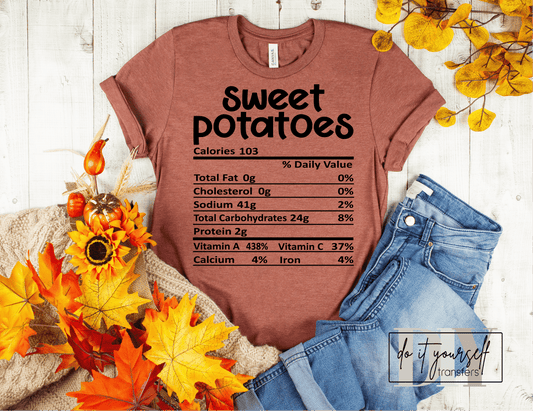 SWEET POTATOES Thanksgiving label SINGLE COLOR BLACK size ADULT DTF TRANSFERPRINT TO ORDER - Do it yourself Transfers