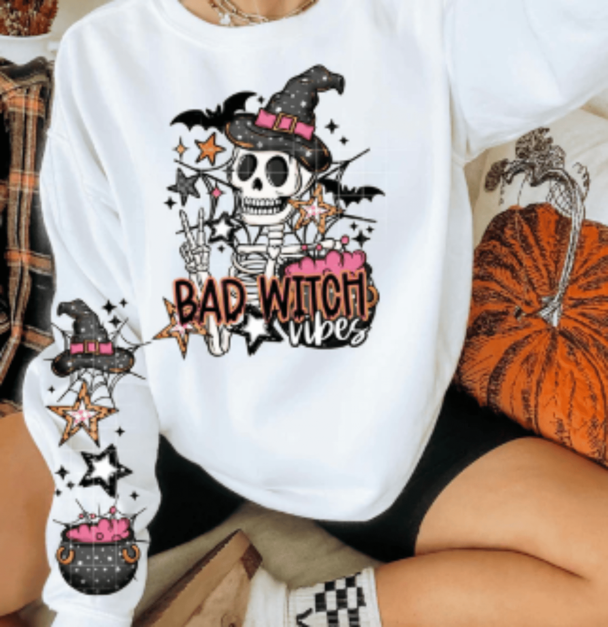 TRANSFER TUESDAY BAD WITCH VIBES SLEEVE HALLOWEEN DTF DIRECT TO FILM transfers ADULT PICK YOUR SIZE - Do it yourself Transfers