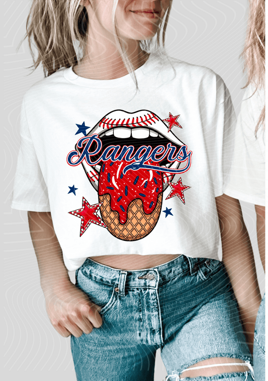 TRANSFER TUESDAY JUNE 17TH RANGERS TONGUE SPRINKLES RED BLUE DTF DIRECT TO FILM transfers ADULT 9X12 - Do it yourself Transfers