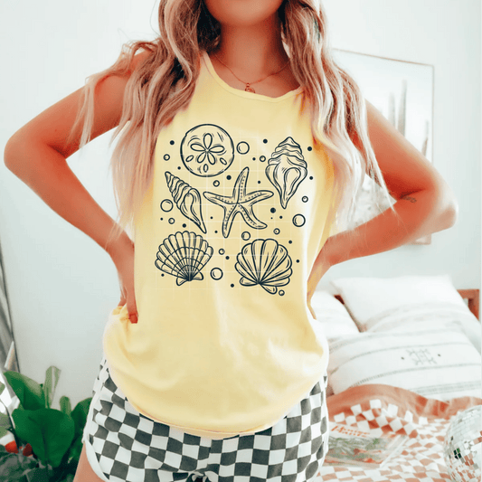 TRANSFER TUESDAY SEASHELL BEACH SAND SINGLE COLOR BLACK Screen Print transfers size ADULT 11X12 - Do it yourself Transfers