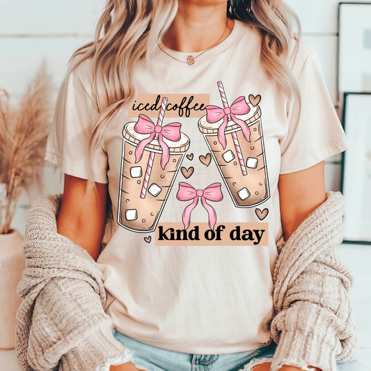 TRANSFER TUESDAY SHIPS FEB 18TH ICED COFFEE KINDA DAY pink bows DTF DIRECT TO FILM transfers size ADULT 10x12 - Do it yourself Transfers