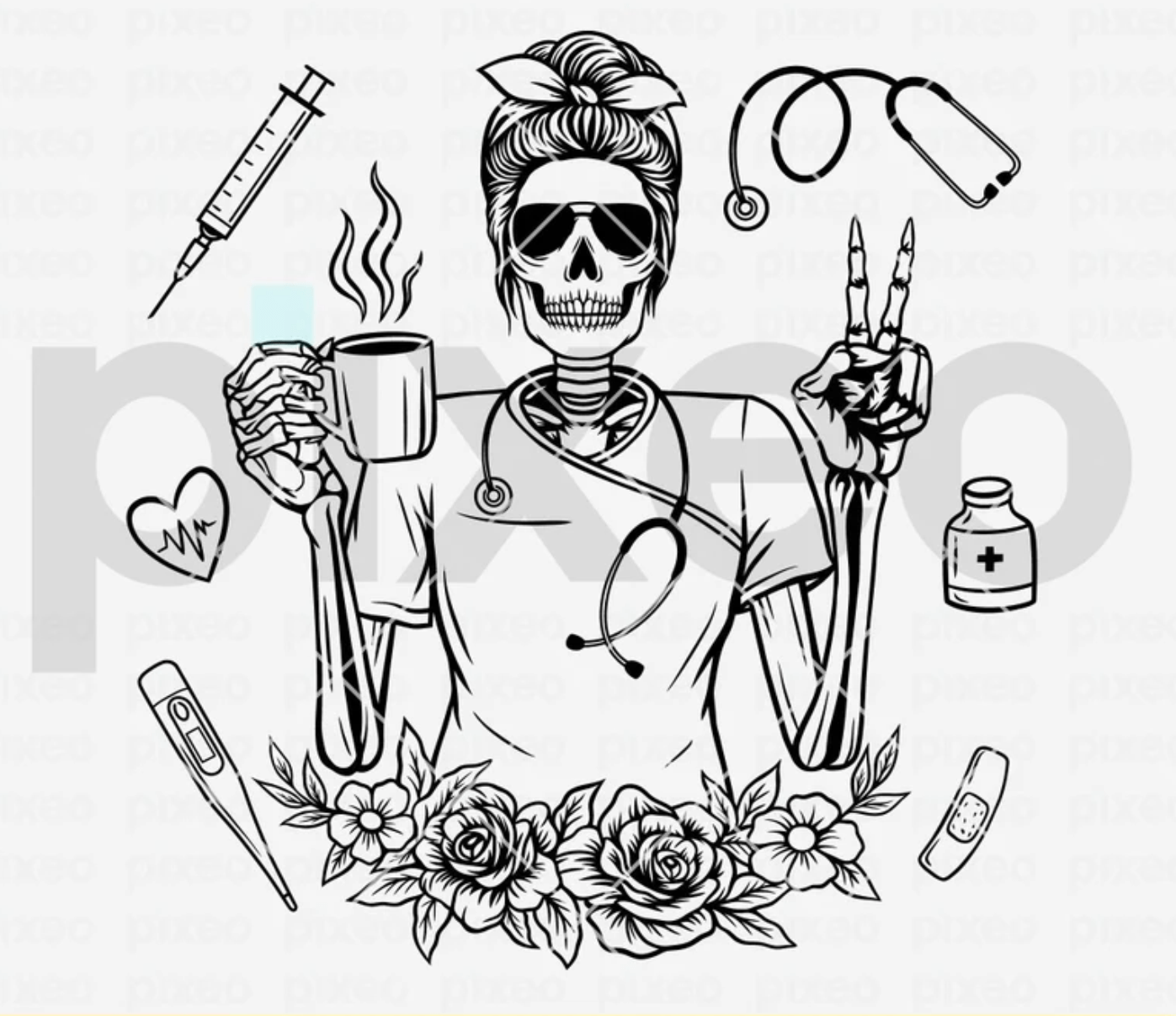 TRANSFER TUESDAY SHIPS FEB 18TH NURSE COFFEE SKULL MEDICIAL FIELD SINGLE COLOR BLACK Screen Print transfers size ADULT 10X12 - Do it yourself Transfers