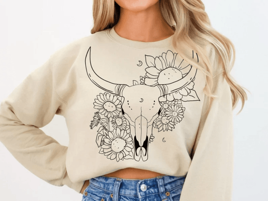 TRANSFER TUESDAY SHIPS FEB 25TH Western skull boho skull flowers SINGLE COLOR BLACK Screen Print transfers size ADULT 10X12 - Do it yourself Transfers