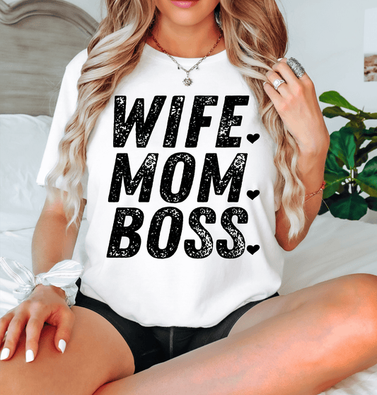 WIFE. MOM. BOSS. SINGLE COLOR BLACK size ADULT DTF TRANSFERPRINT TO ORDER - Do it yourself Transfers