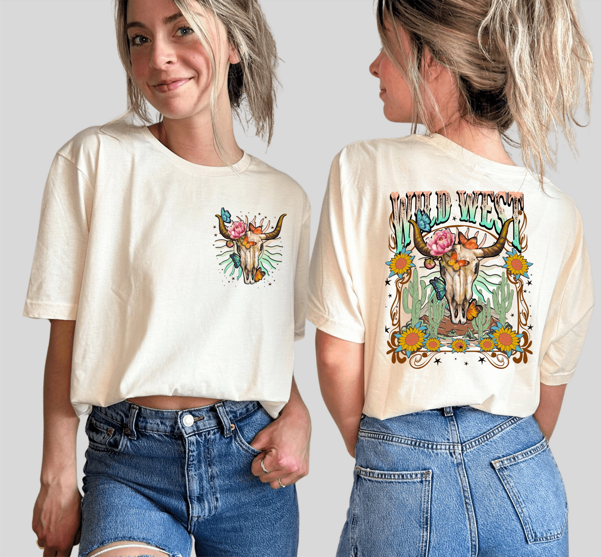 WILD WEST skull boho cactus western ADULT FRONT BACK DTF TRANSFERPRINT TO ORDER - Do it yourself Transfers