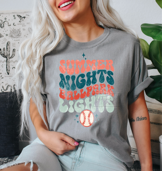 Summer Nights Ballpark lights Baseball Sports  size ADULT  DTF TRANSFER PRINT TO ORDER 458